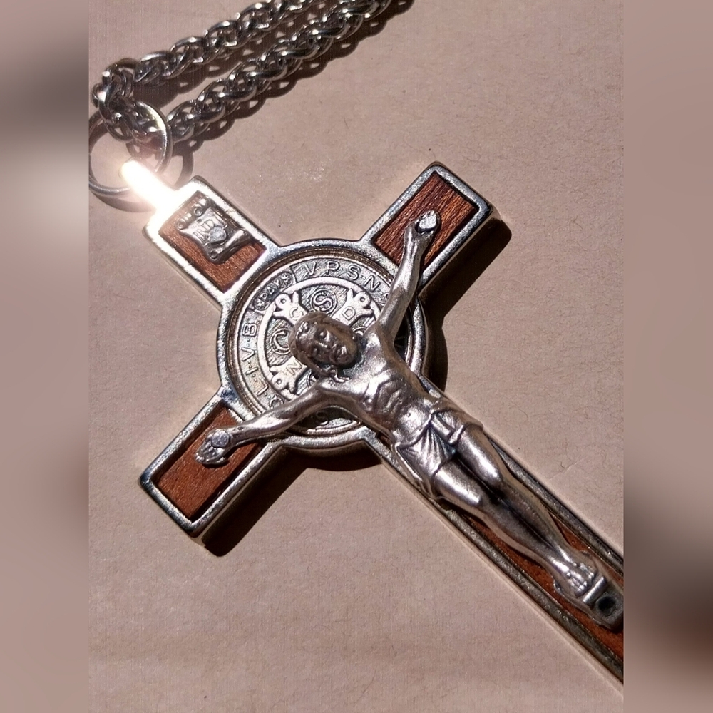 Silver & Brown Crucifix Pendant Necklace